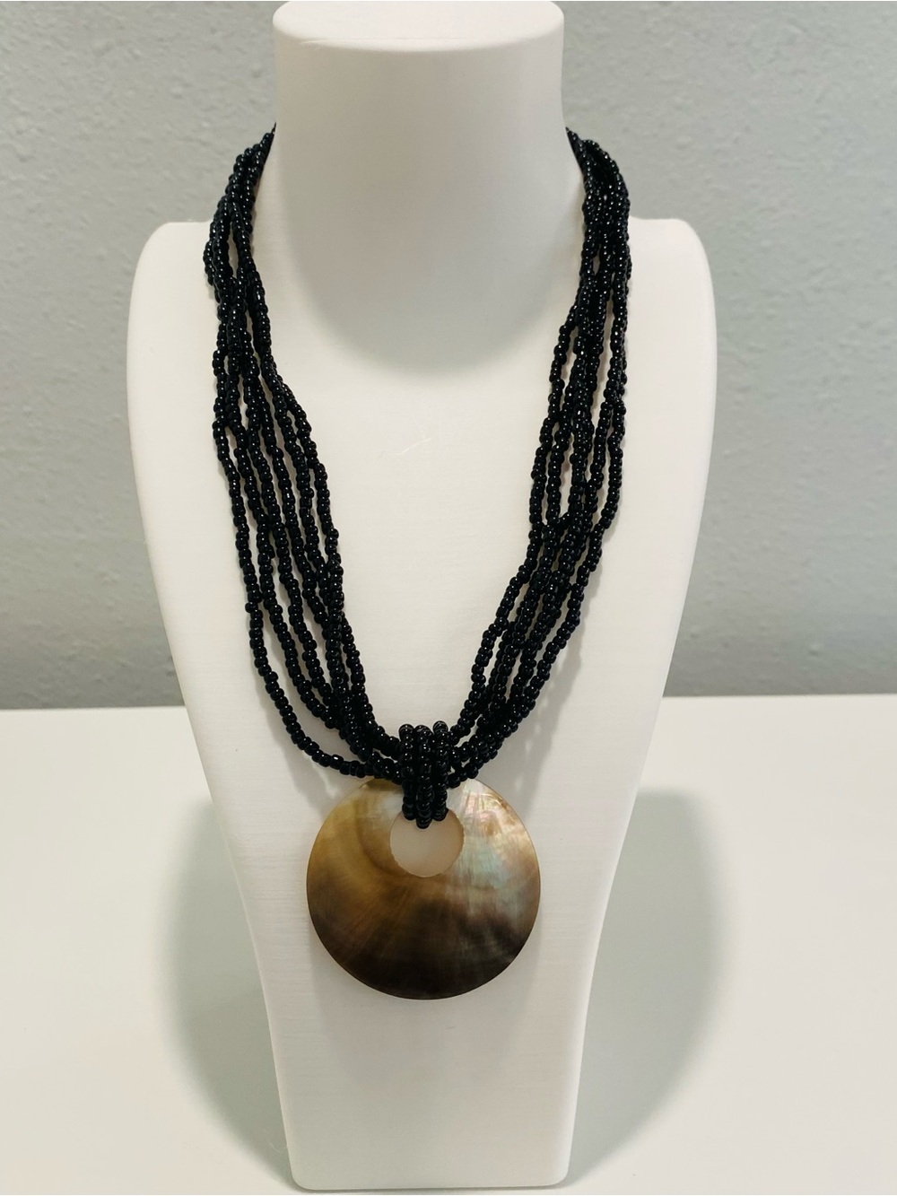 Beaded Multi Strand Black Seed Seashell Necklace Statement Boho Button Closure